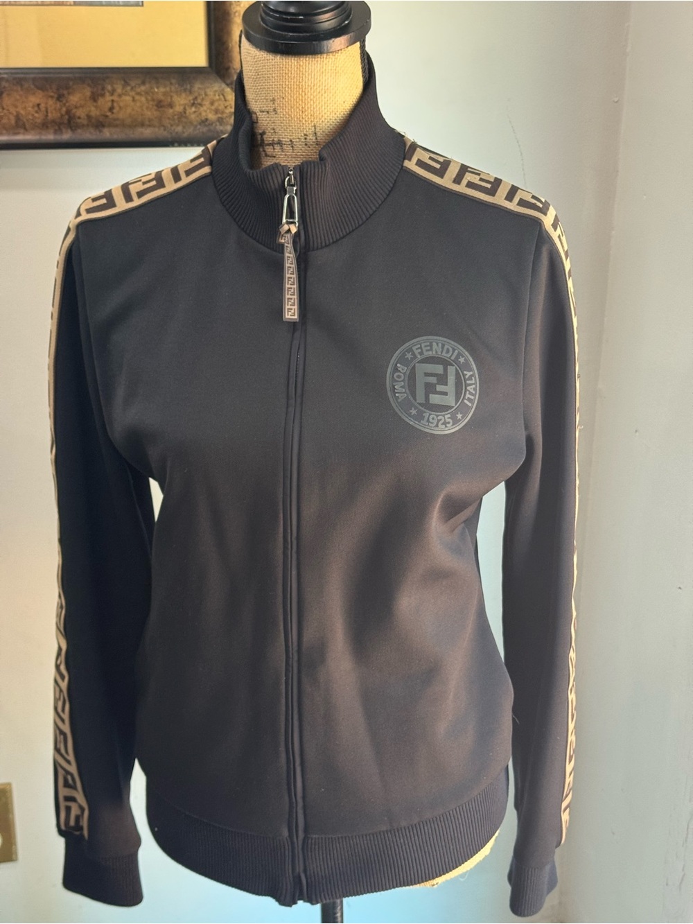 Fendi Black Zip-Front Track Jacket  and pants with Logo Tape